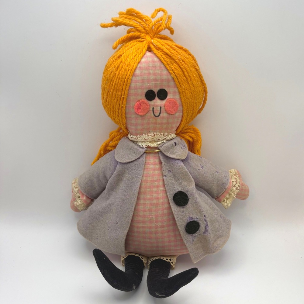 Vtg 1969 Whimsey Productions Gingham Rag Doll San Francisco Felt Coat 17in MCM